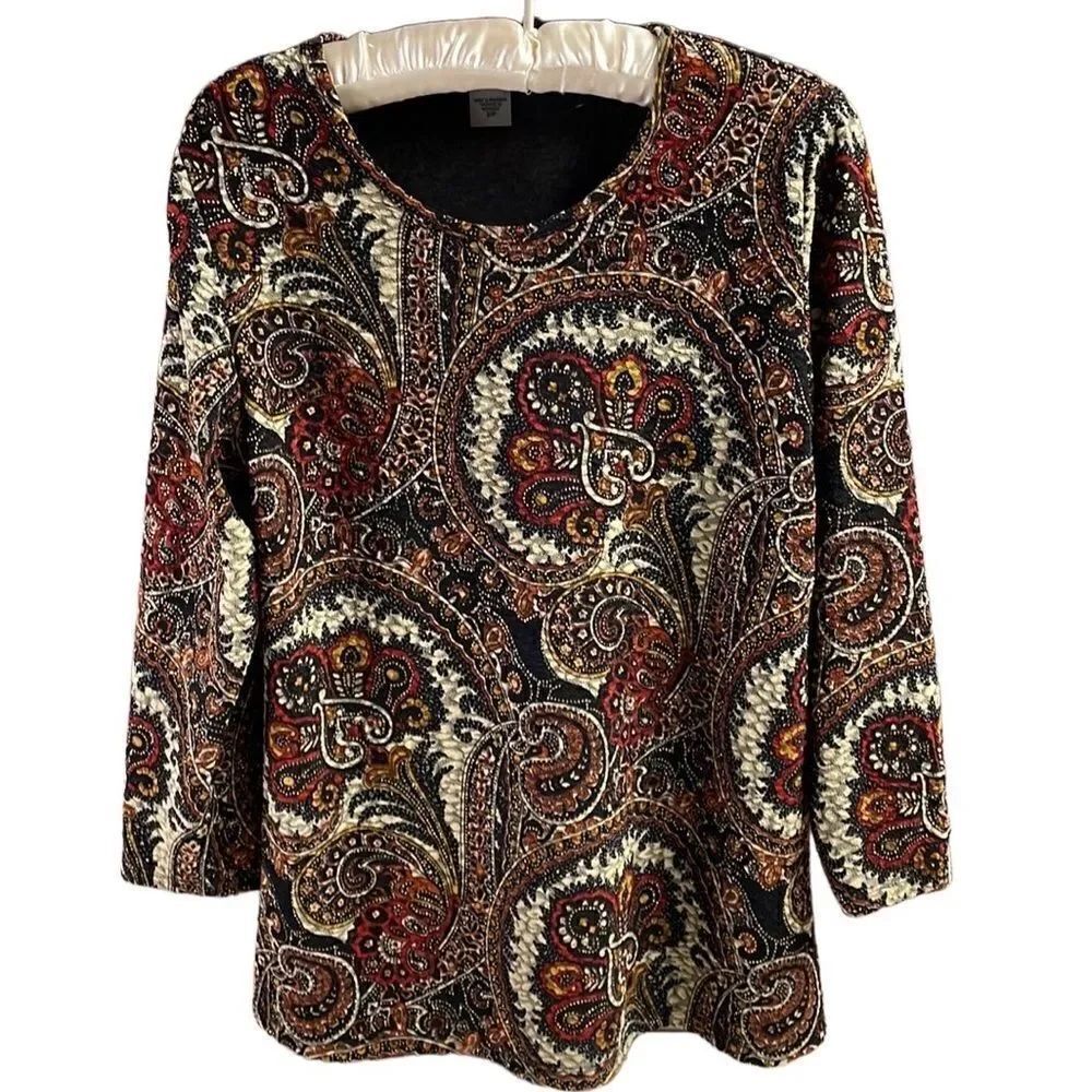 Alia Ladies Dress Paisley Blouse Top, Size Petite Small, Brown,Cream,Rust/Fall